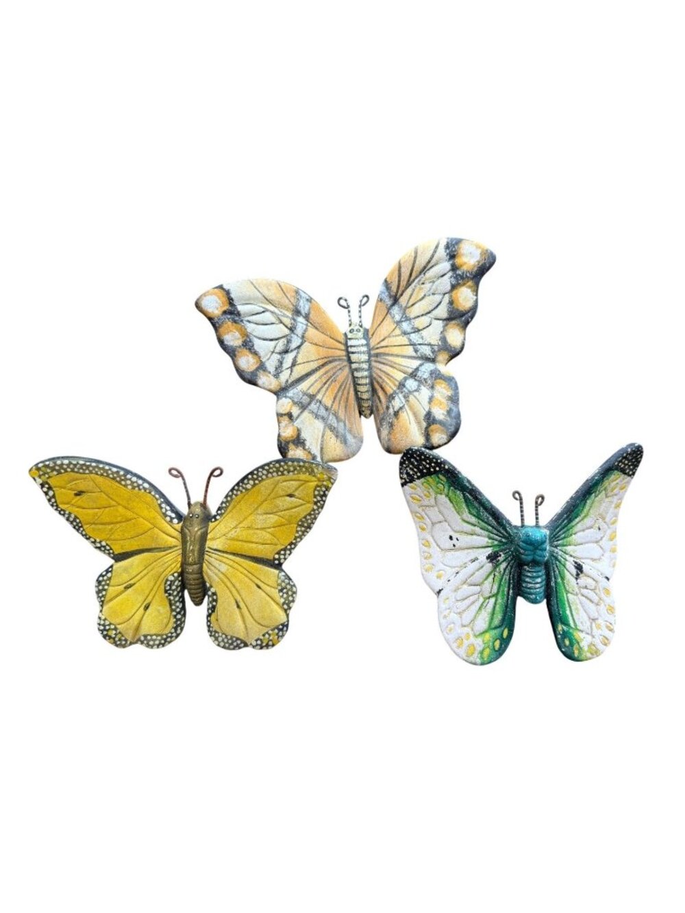 Vintage Terra Cotta Butterfly Wall Art - Set of 3 Hand Painted Ceramic Clay Deco